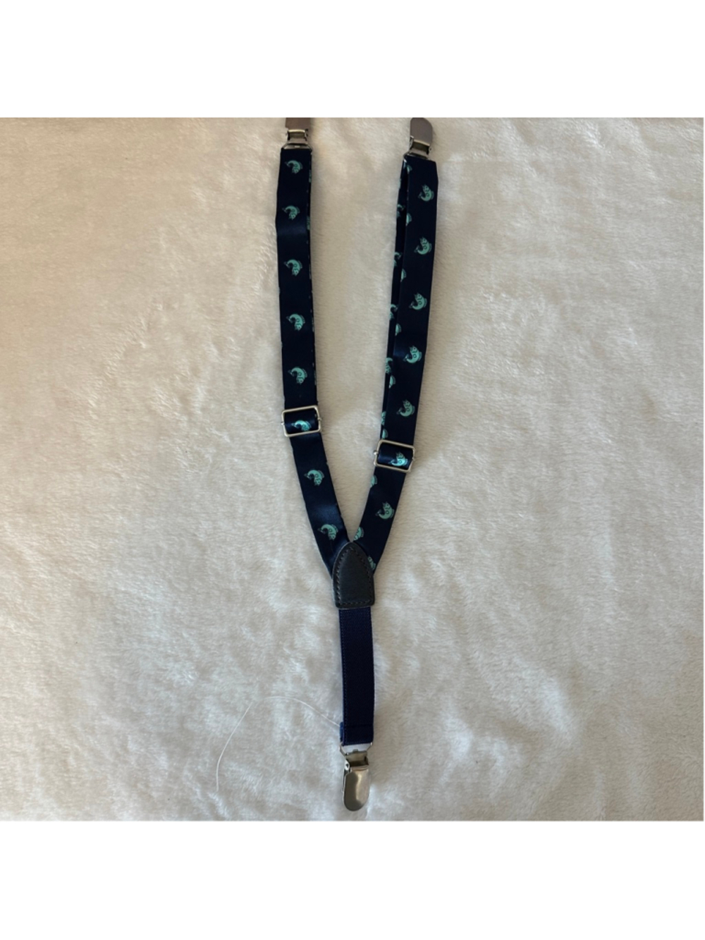 Boys Fish Print Suspenders Adjustable Navy Teal Y Back Preppy